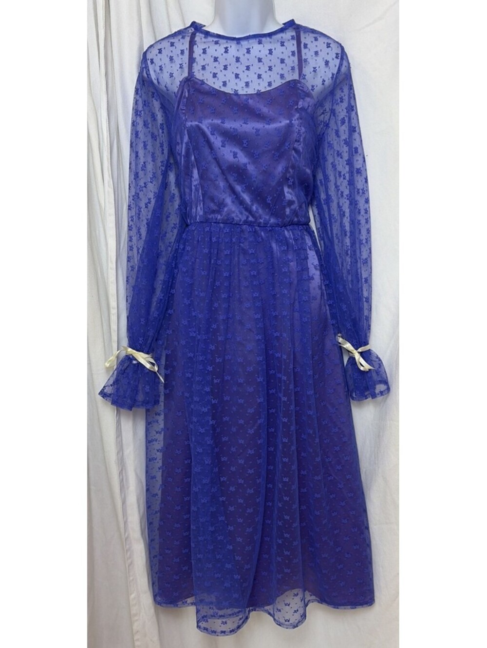 Vtg 70s Fairy Sheer Periwinkle Lace Satin Party Dress XXS